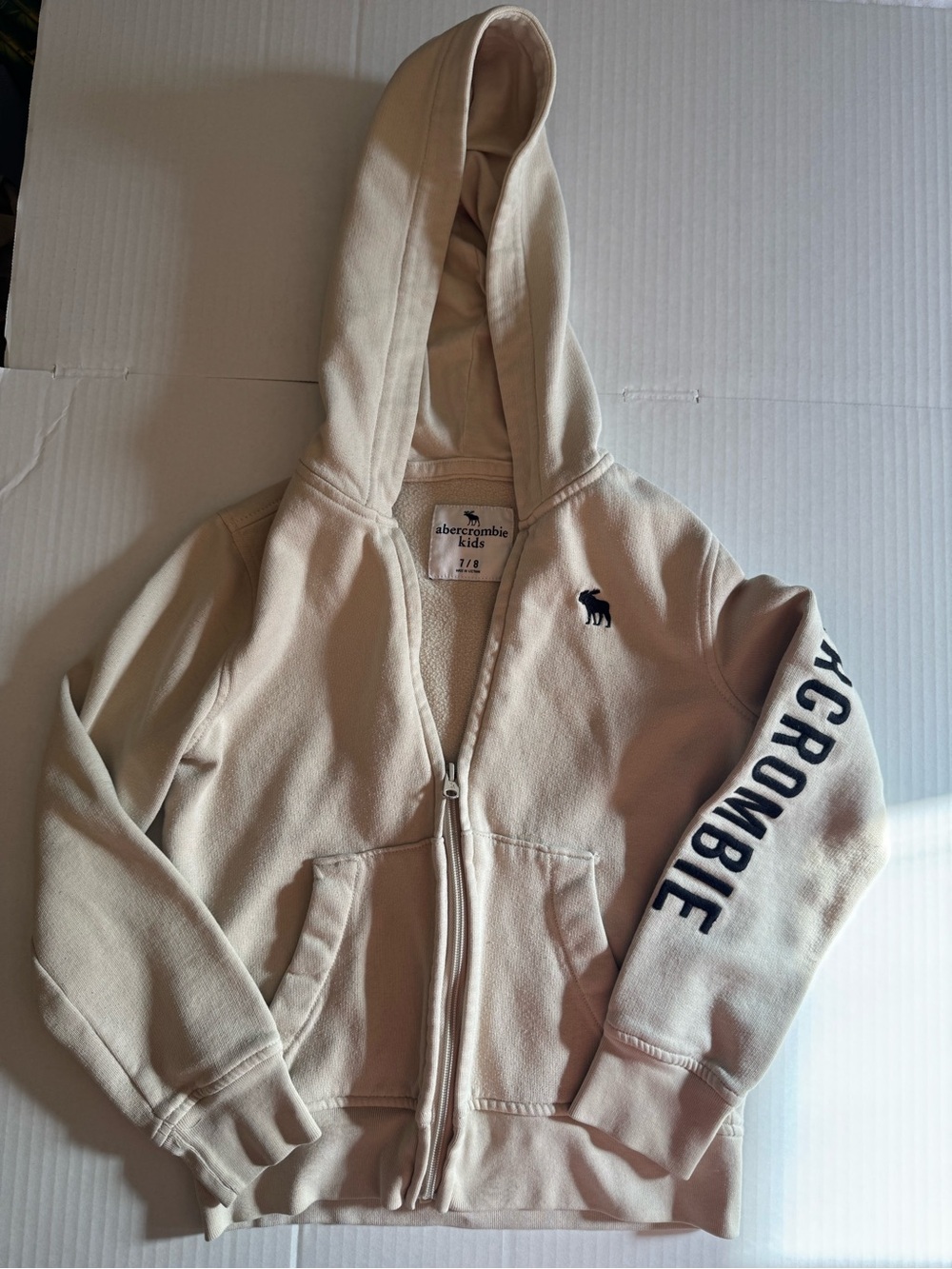 Abercrombie & Fitch Kids Cream Zip Hoodie with Navy Logo